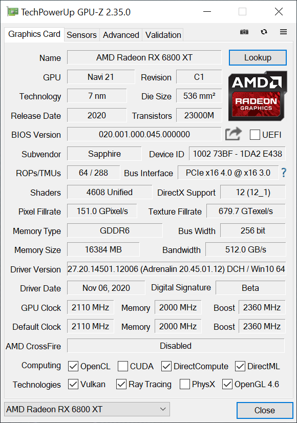 SAPPHIRE NITRO+ AMD Radeon™ RX 6800 XT Performance & Features